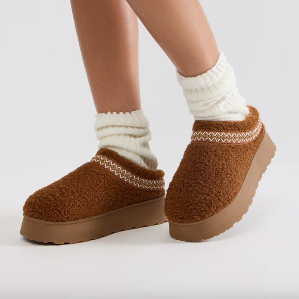 BROWN | Fall Sherpa Faux Fur Lined Platform Slip On Clogs